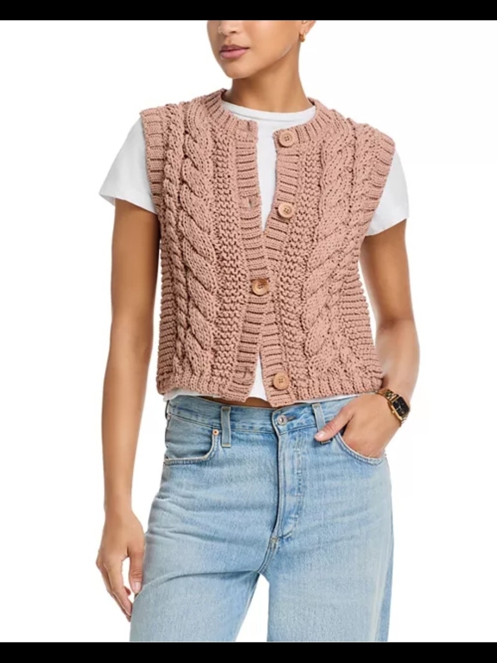 NWT Aqua Chunky Cable Knit Button-Front Sweater Vest - Blush Pink Pastel Size XS